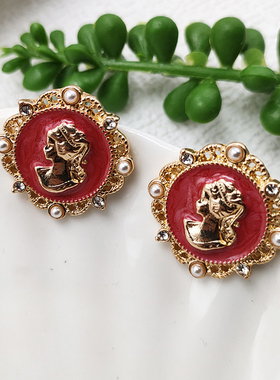 中式复古耳饰人像耳钉女新款潮红色滴油网红耳环无耳洞耳夹B711