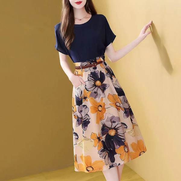 Suit women fashion round neck short sleeve women floral skirt suit skirt temperament two piece suit women