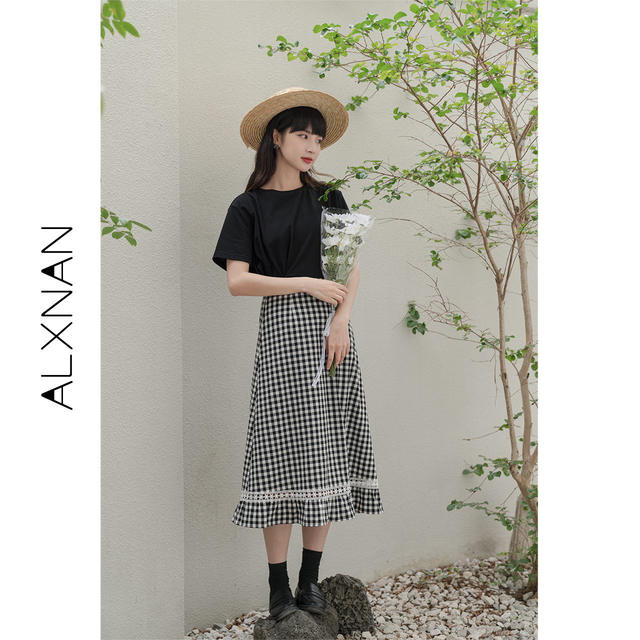 鹿向南 黑白小格子半身裙女2021夏季日系拼接高腰中长款A字裙子