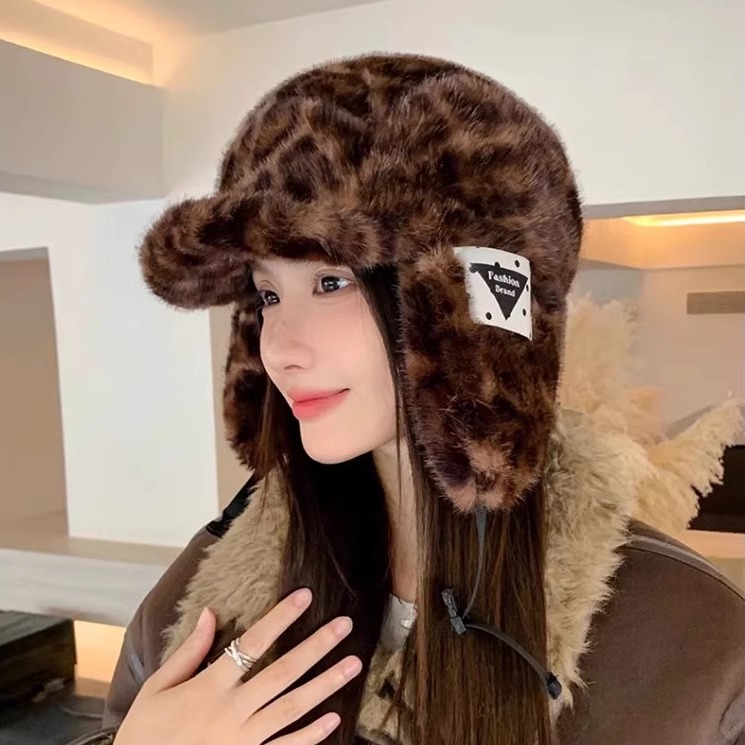 复古豹纹毛绒雷锋帽保暖加厚护耳
