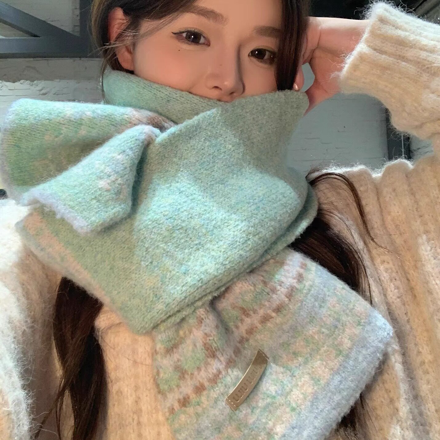 费尔岛风提花针织围巾保暖防寒女