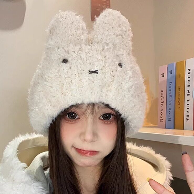 可爱兔耳毛绒针织帽保暖加厚护耳