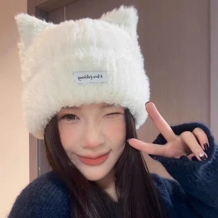 日系猫耳毛绒针织帽子女秋冬季加绒保暖套头帽滑雪护耳冷帽显脸小