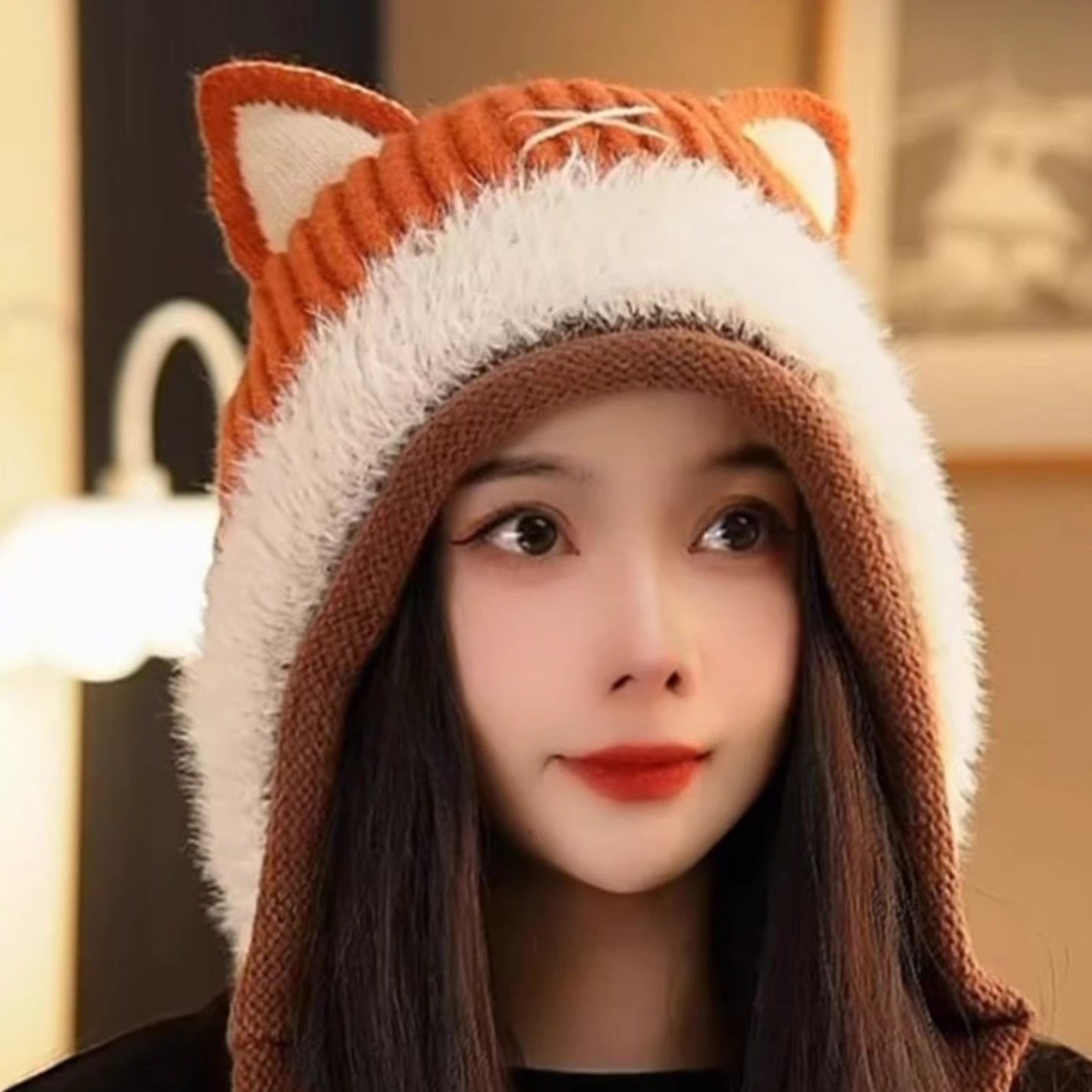 新款可爱猫耳针织雷锋帽保暖护耳