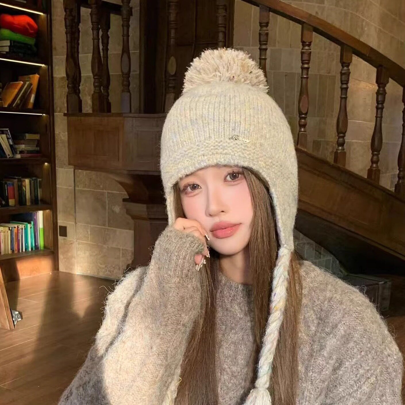 韩系加绒麻花毛球针织帽女冬保暖