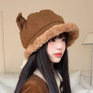 韩版猫耳双面戴毛绒渔夫帽子女秋冬季大头围保暖加厚护耳盆帽防寒