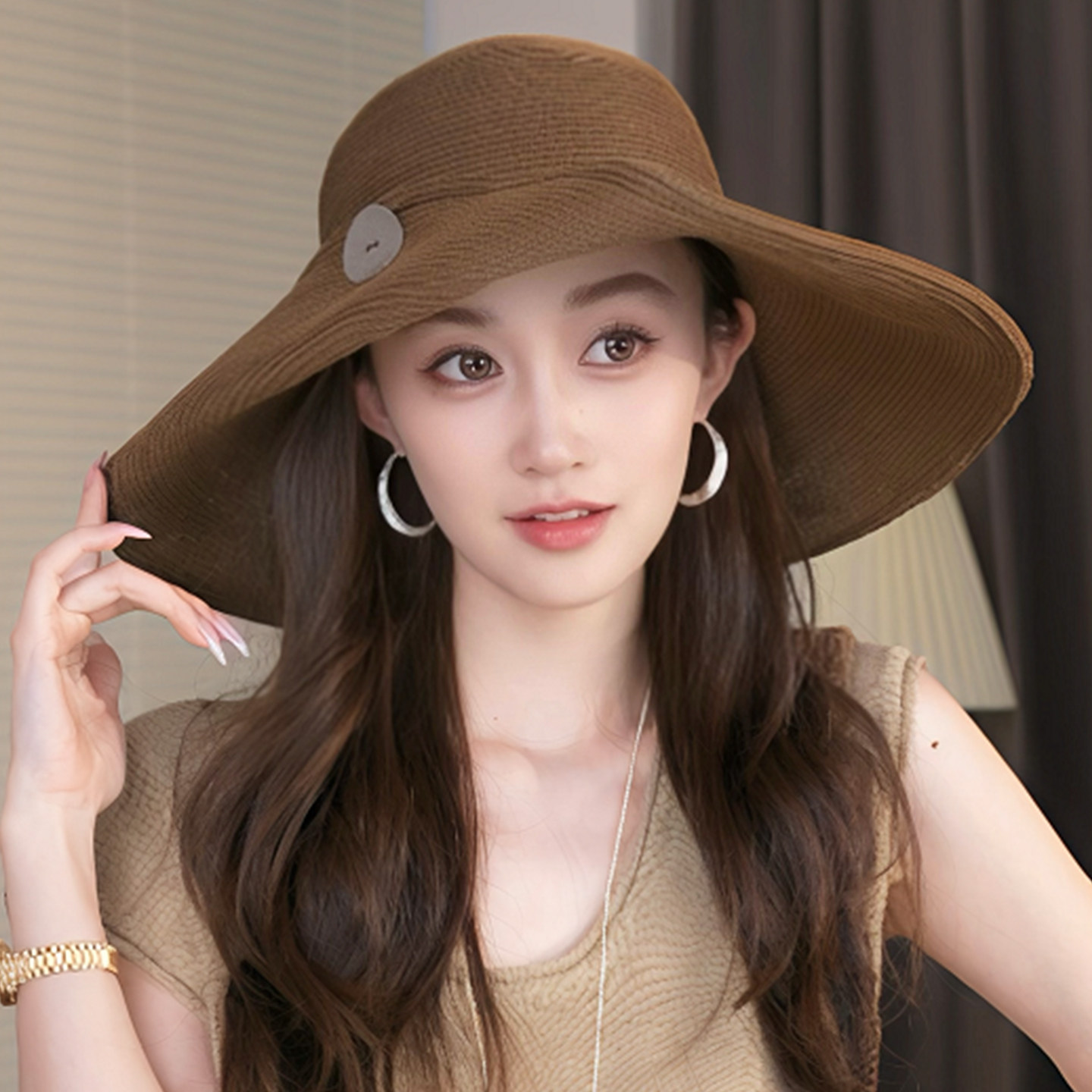 大帽檐草帽女夏季卷边纽扣可折叠防晒遮阳帽子海边出游时尚沙滩帽