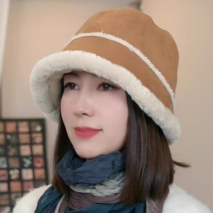 双面戴麂皮绒渔夫帽女秋冬季保暖