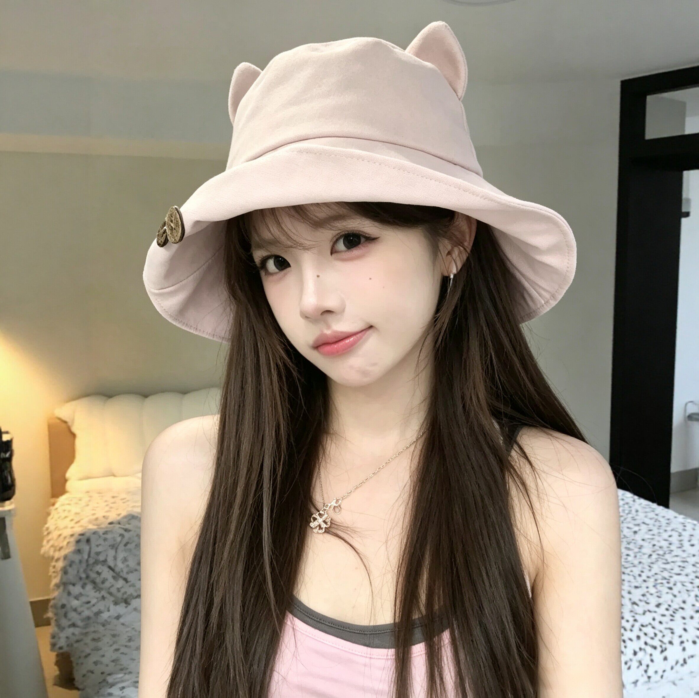 可爱猫耳亚麻渔夫帽女防晒显脸小
