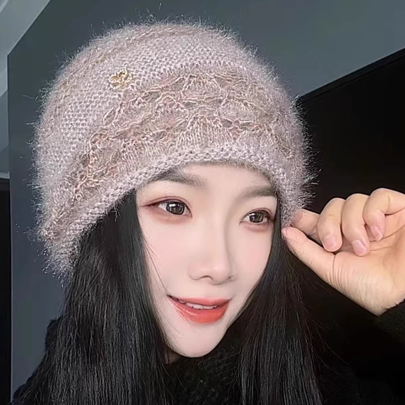 女生冬季双层镂空加厚针织帽保暖