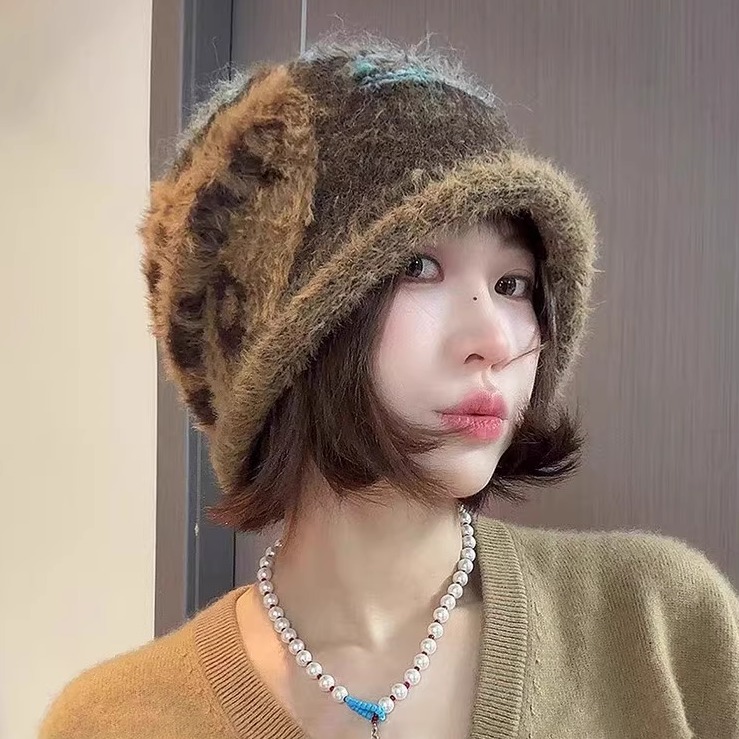 复古撞色毛绒针织帽女大头围保暖