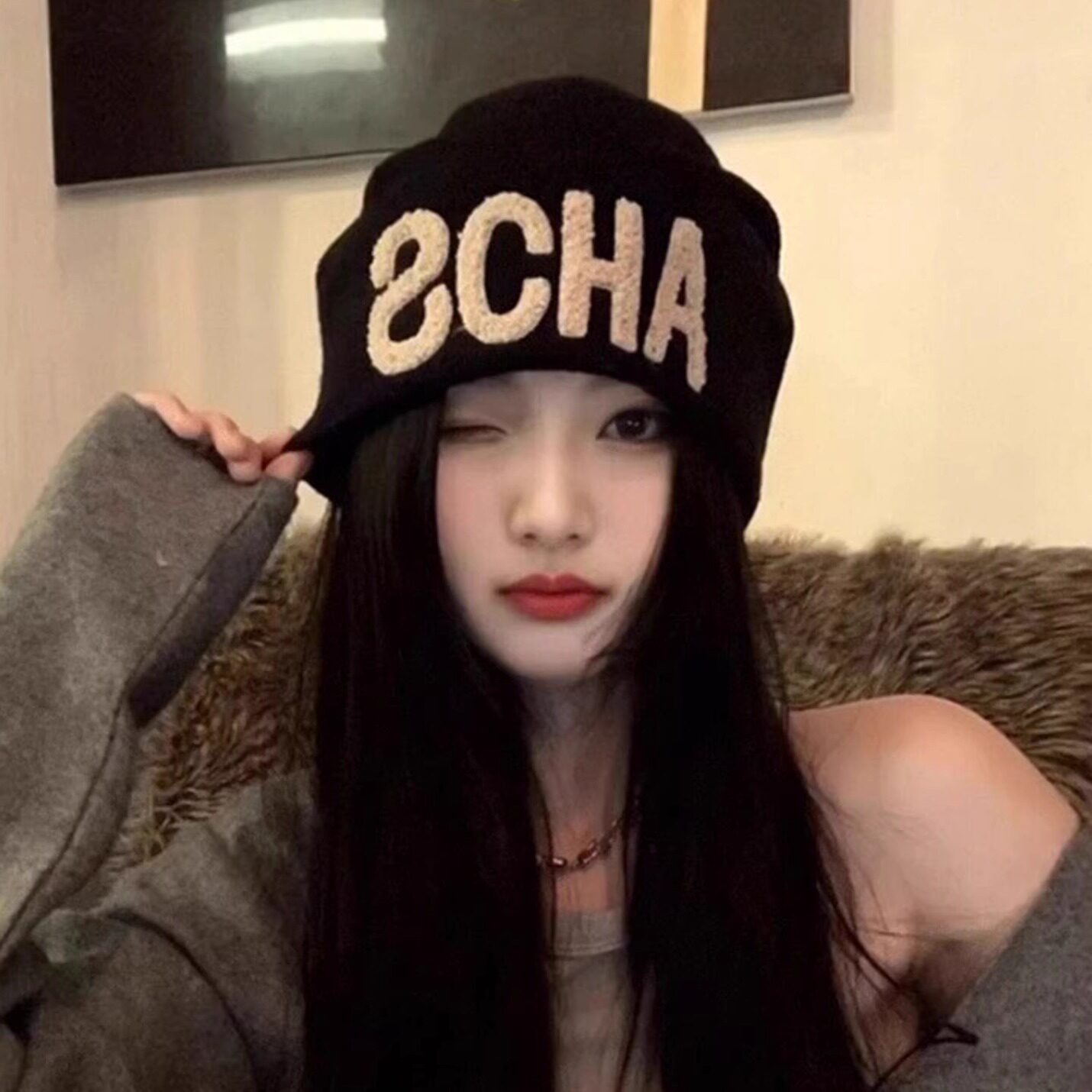 韩版毛绒字母针织堆堆帽保暖护耳