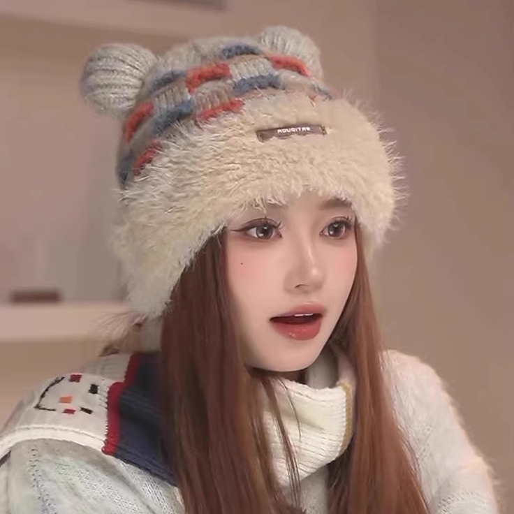 可爱小熊耳朵拼色针织帽保暖护耳