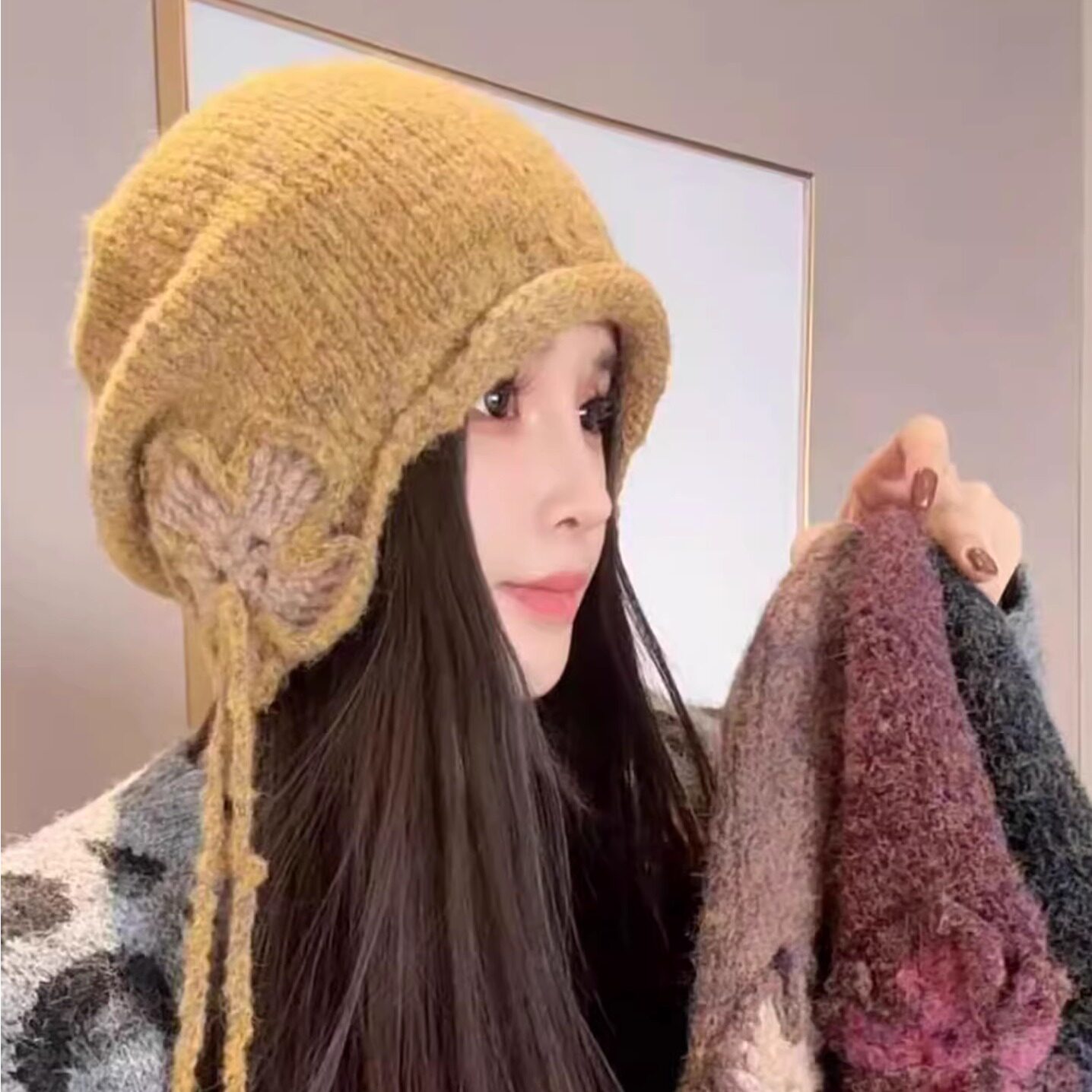 复古慵懒风手工针织帽女保暖护耳