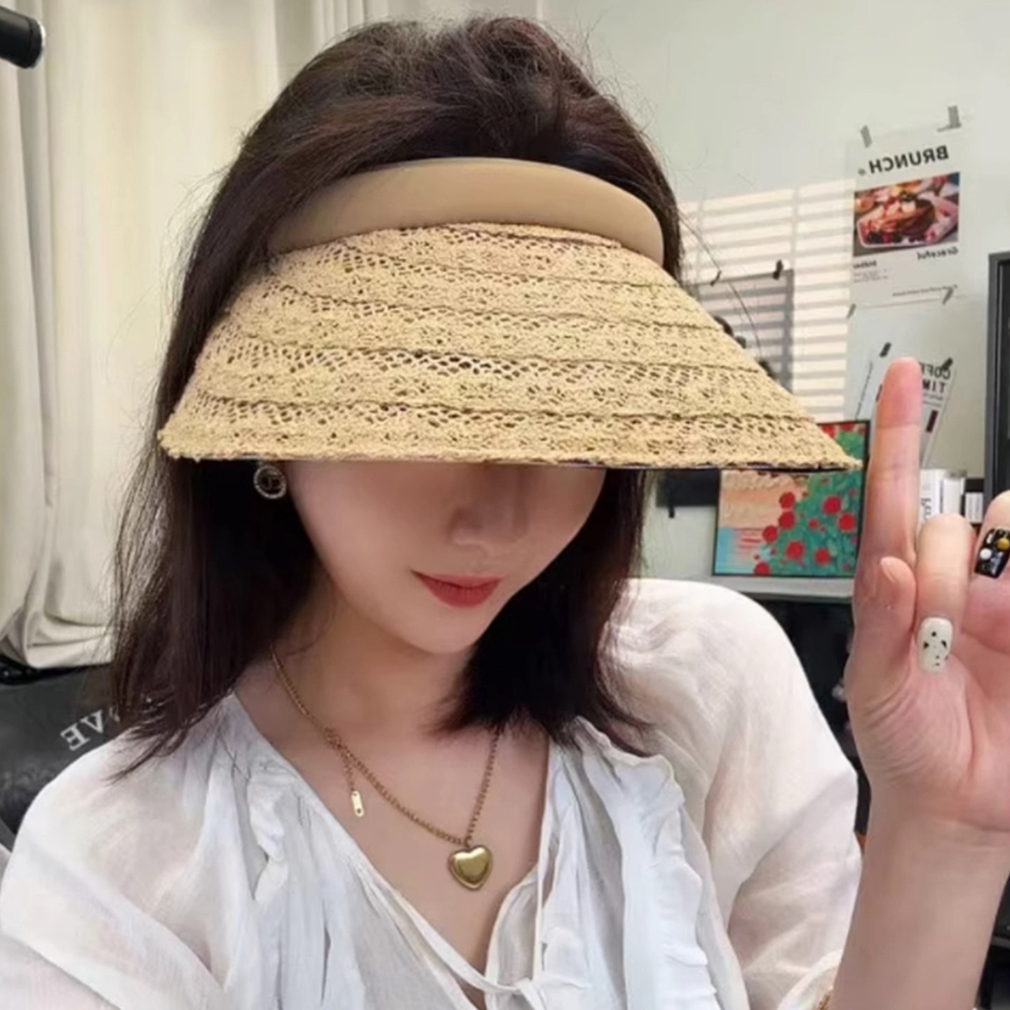 发箍式蕾丝空顶防晒帽子女夏季
