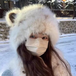 可爱猫耳毛绒帽子女秋冬季大头围保暖包头帽围巾一体护耳雷锋帽女