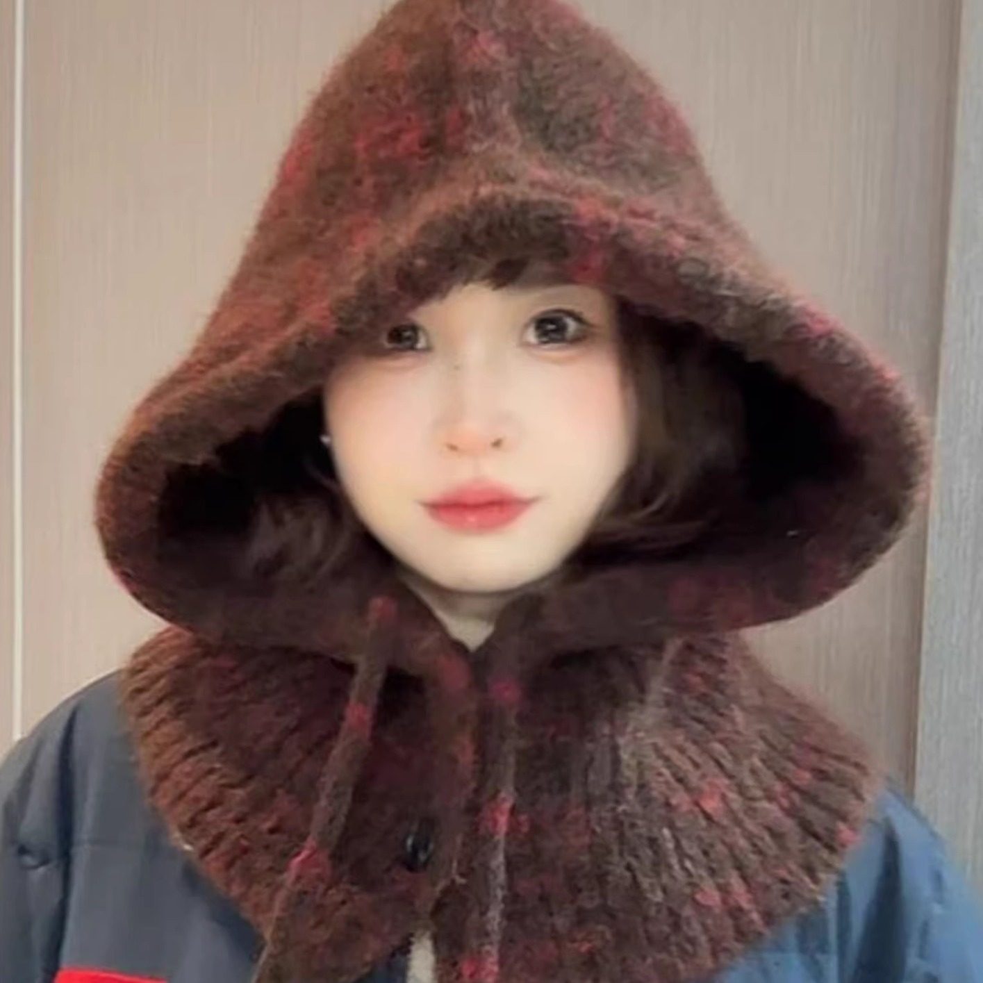 韩系羊毛混纺巴拉克拉法针织帽子女秋冬季围脖一体保暖毛线帽护耳