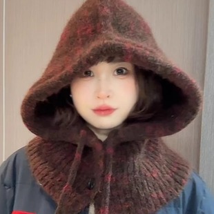 韩系羊毛混纺巴拉克拉法针织帽子女秋冬季围脖一体保暖毛线帽护耳