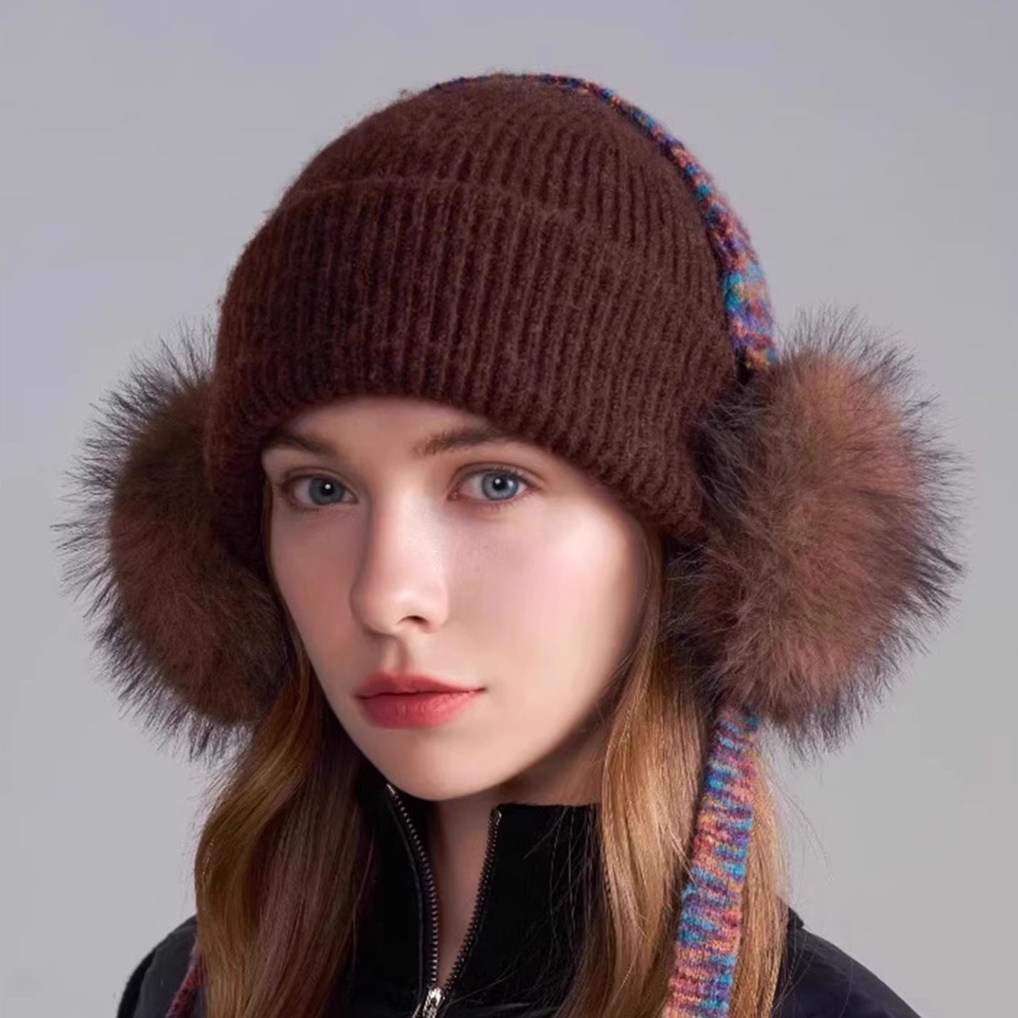 新款羊毛混纺纯色针织帽子女冬季户外保暖毛线帽防寒耳罩护耳冷帽