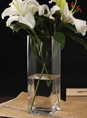 水晶玻璃透明大号花器百合富贵竹仿真插花四方直筒落地花瓶摆件