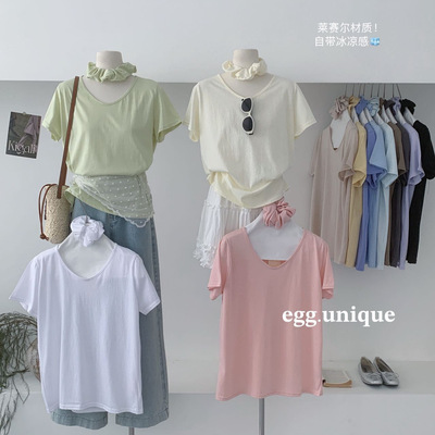 egg.unique夏日限定慵懒风T配头花多巴胺风宽松显瘦打底短袖上衣