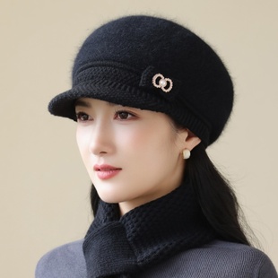 兔毛鸭舌帽子女秋冬季加厚保暖护耳中老年人妈妈帽防寒毛线针织帽