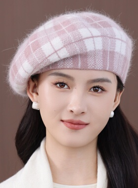 新款韩版格子潮秋冬季加厚保暖时尚护耳包头针织兔毛线贝雷帽子女