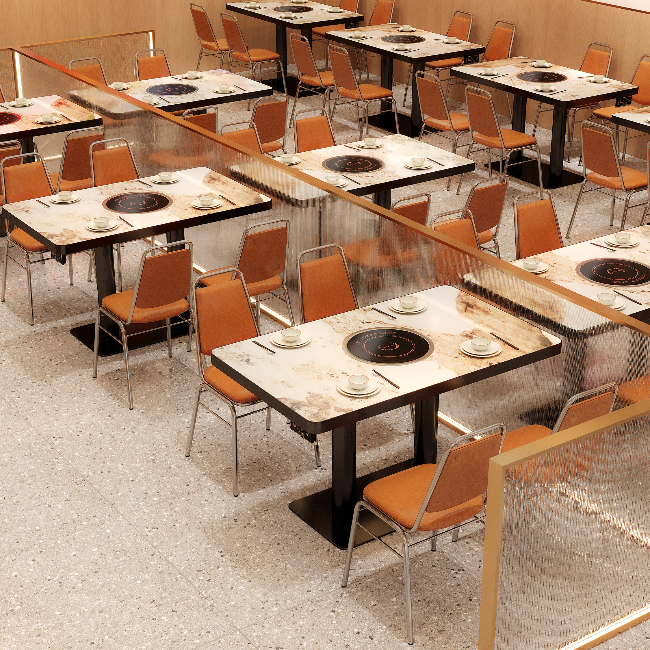 商用岩板火锅桌子电磁炉一体下沉圈网红餐厅饭店专用餐桌椅可定制