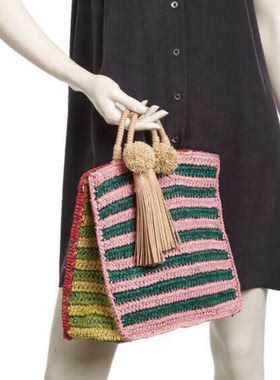 Loeffler Randall Multicolored条纹彩虹拉菲草编海滩流苏手提包