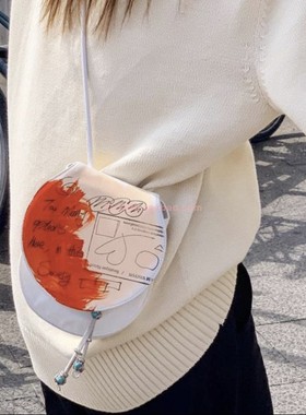 手绘涂鸦橙色迷你圆形斜挎小包包韩国直邮设计师themuseumvisitor