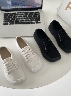 韩版方头chic帆布鞋女ulzzang百搭2021年新款夏天平底INS休闲潮鞋