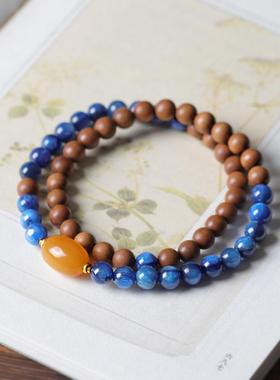 《山岚》老山檀手串双圈女款蓝晶石手链新中式生日礼物原创饰品