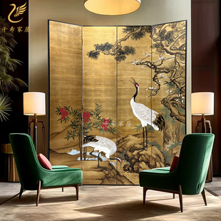 千希宋式美学新中式手绘松鹤金箔屏风古典别墅客厅办公室酒店背景