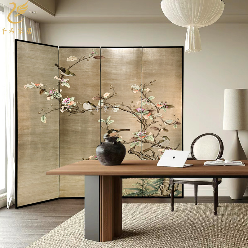 侘寂风香槟银箔手绘花鸟漆画屏风
