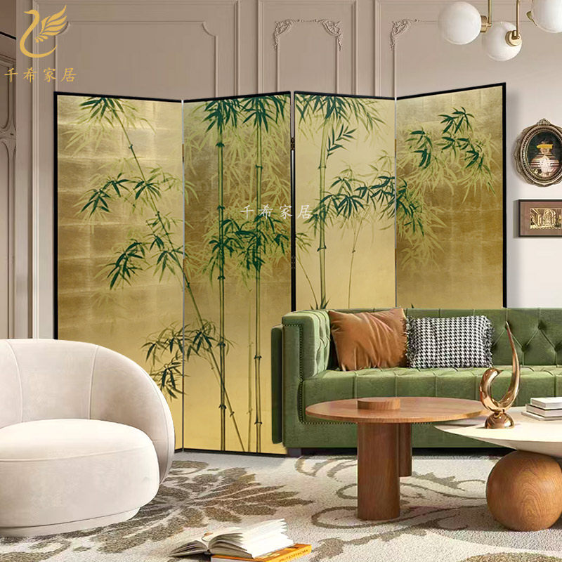 法式中国风手绘竹子金箔屏风隔断餐厅遮挡客厅沙发背景装饰折叠屏
