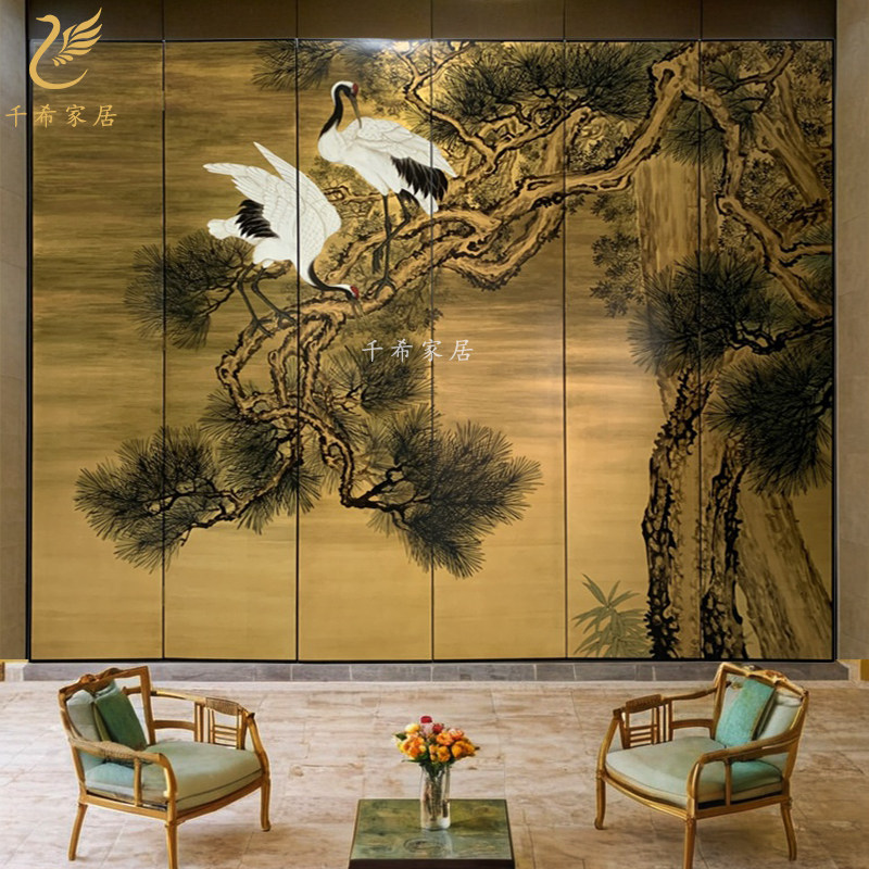 中式国风复古手绘金箔松鹤屏风高档酒店会所别墅会议室背景装饰画
