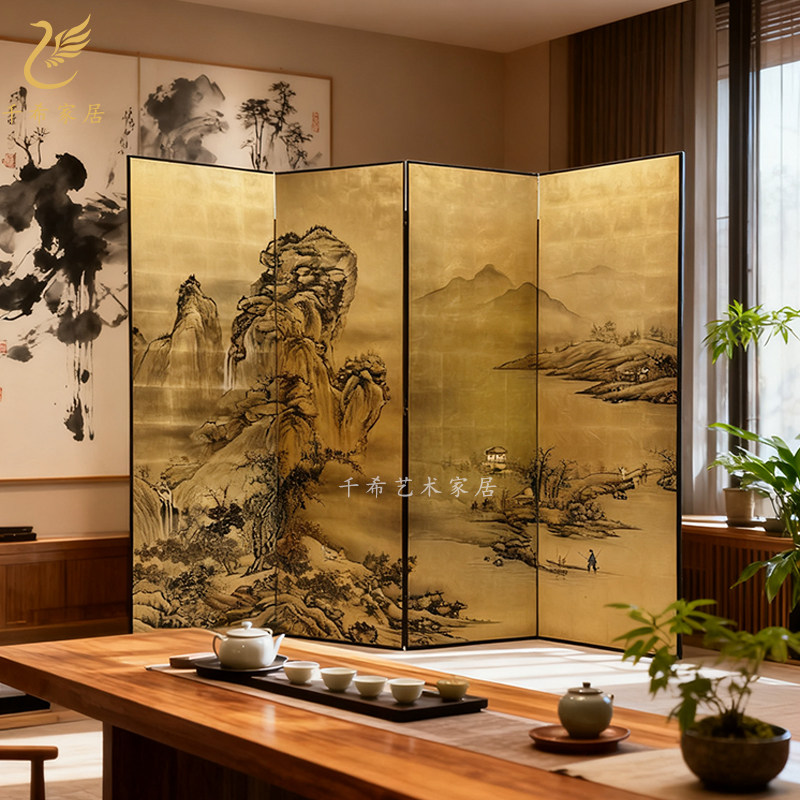 手绘漆画山水画中式金箔屏风隔断复古客厅茶室办公室书房高档背景,住宅家具,折屏,淘宝优惠券,粉丝福利购,淘宝优惠卷