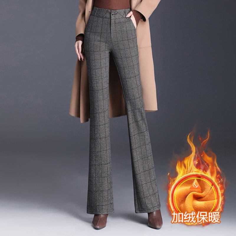 格子毛呢微喇裤女长裤秋冬新款高腰大码显瘦气质修身加绒加厚直筒