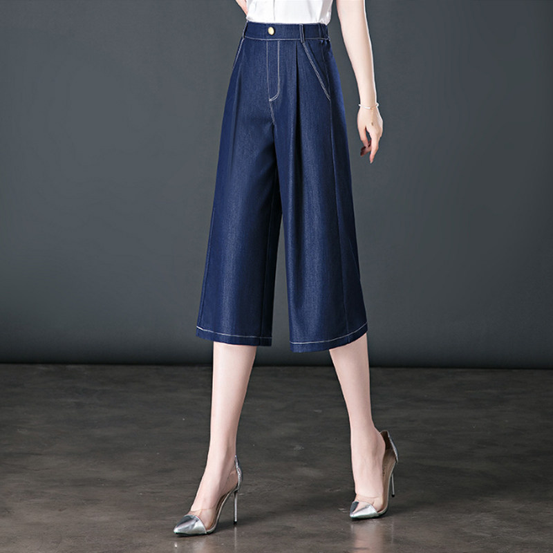 天丝牛仔七分裤女夏季薄款高腰宽松中年妈妈裤子冰丝直筒阔腿裤夏