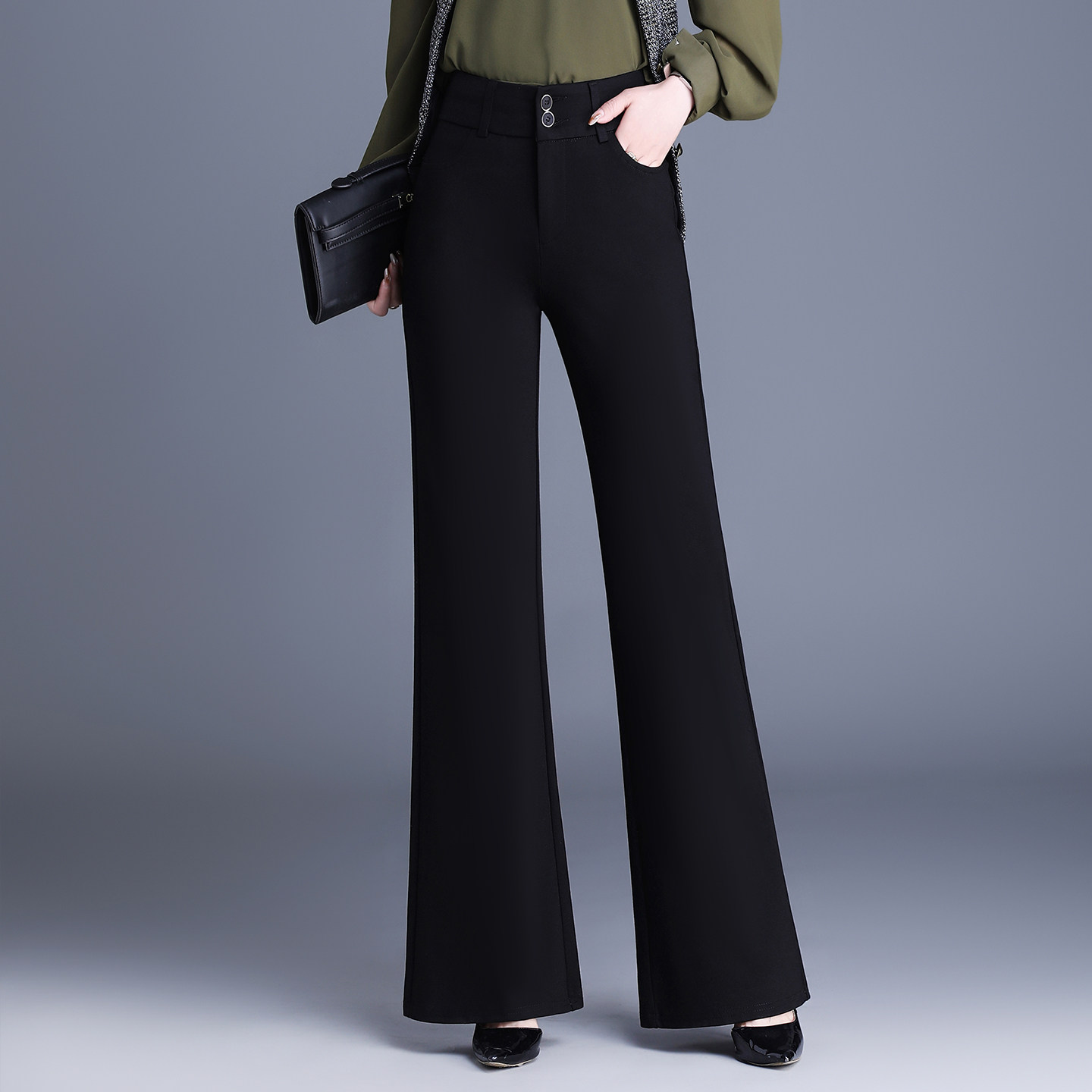 微喇叭裤女长裤春秋新款大码显瘦时尚百搭妈妈西装针织高腰休闲裤