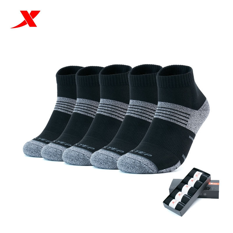 5双装特步运动袜子男中筒春秋季跑步吸汗男士中袜纯棉袜子全黑色