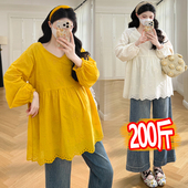 孕妇春秋新款 时尚 长袖 大码 刺绣衬衫 中长款 百搭娃娃衫 上衣200斤潮