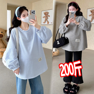 条纹T恤上衣女宽松显瘦长袖 大码 时尚 韩版 卫衣200斤潮 孕妇春秋新款