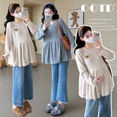 孕妇春秋新款 针织上衣宽松时尚 娃娃衫 大码 遮肚显瘦长袖 T恤200斤潮