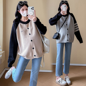 大码 上衣200斤潮 拼接毛衣女宽松显瘦假两件开衫 孕妇秋冬新款 时尚