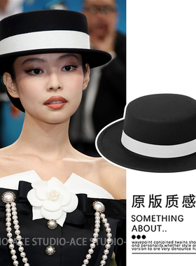 jennie同款黑色毛呢帽子复古名媛赫本风礼帽法式高级感小香风盆帽