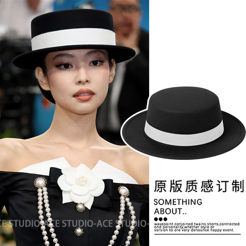 jennie同款黑色毛呢帽子小香风