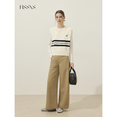 FISSXS 秋季新品V领条纹套头针织马甲老钱复古百搭上衣背心毛衣女