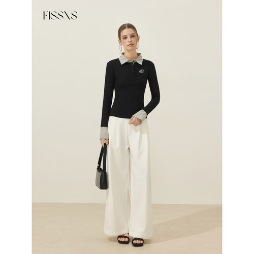 FISSXS 假两件修身显瘦翻领刺绣POLO衫女拼接磨毛打底长袖上衣