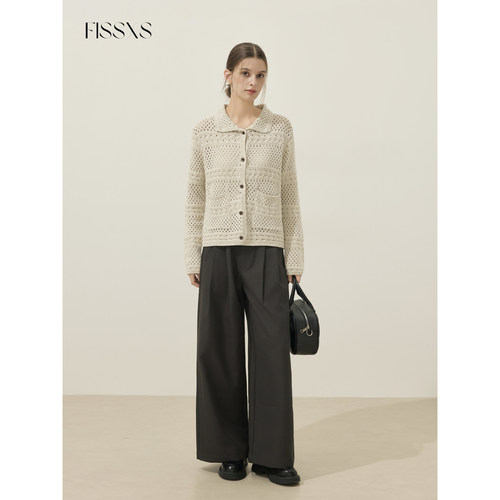 FISSXS 原创新品针织镂空外套老钱风复古百搭翻领毛衣开衫女